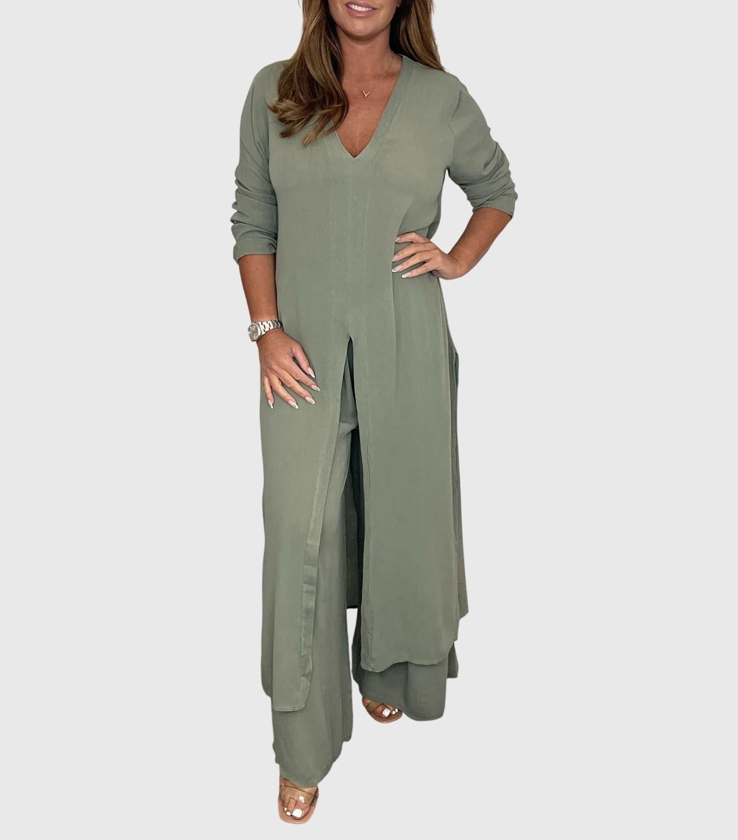 Pearl | Women's Wide Leg Pants & Duster Cardigan Two-Piece Set