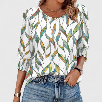 Corinna | Women's Smocked Cuff 3/4 Sleeve Crew Neck Top