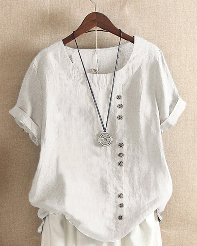 Clementine | Women's Button Front Crew Neck Short Sleeve Everyday Top