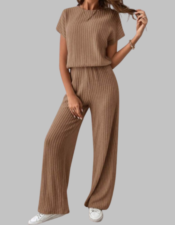 Nora | Women's Ribbed Wide Leg Pants & Short Sleeve Top Set