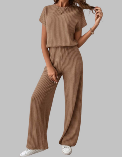 Nora | Women's Ribbed Wide Leg Pants & Short Sleeve Top Set
