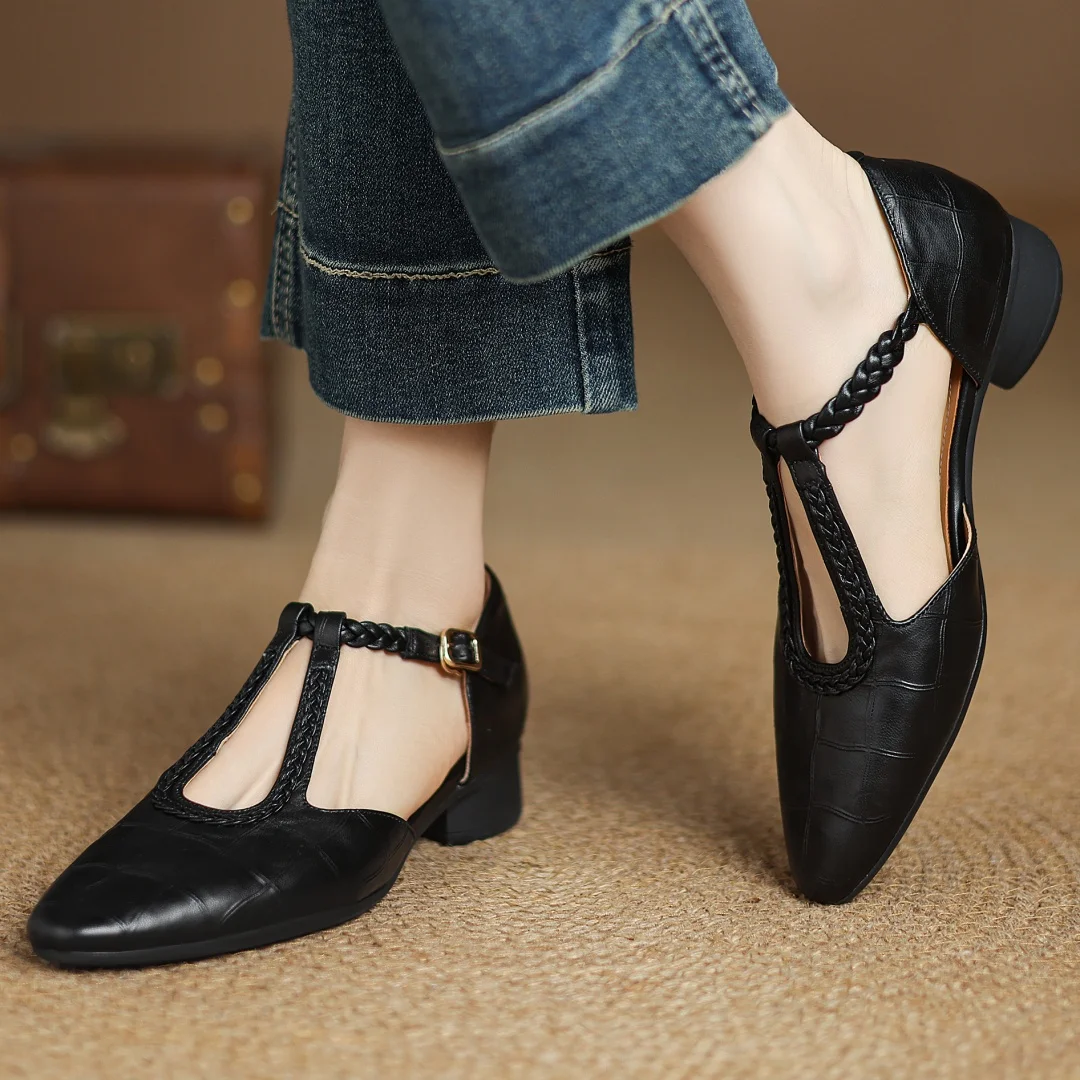 Miranda | Women's Leather T-Strap Mary Jane Flats Pointed Toe Flat