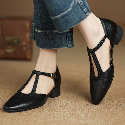 Miranda | Women's Leather T-Strap Mary Jane Flats Pointed Toe Flat