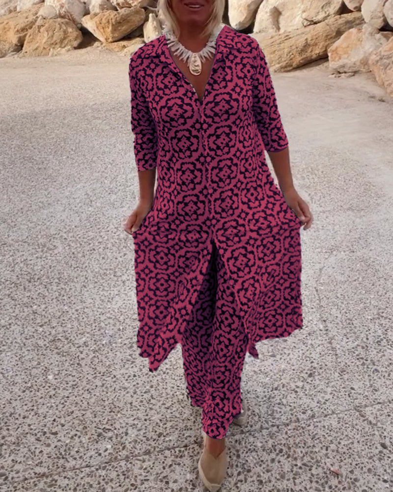 Mia | Women's Straight Pants & Longline Printed Shirt Set