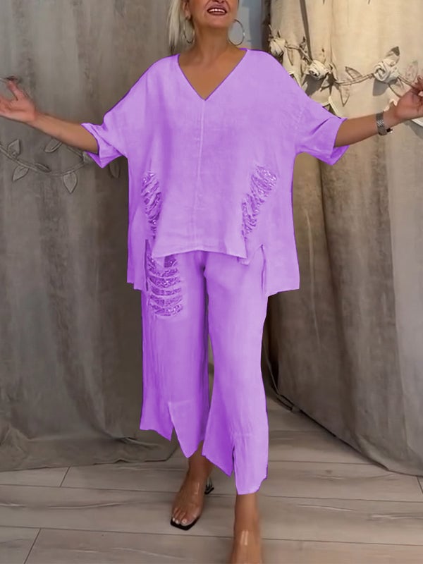 Pearl | Women's Cropped Pants & V-Neck Top Casual 2 Piece Set
