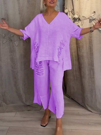 Pearl | Women's Cropped Pants & V-Neck Top Casual 2 Piece Set
