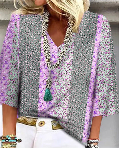 Fiona | Women's Ditsy Floral Patchwork V-Neck 3/4 Sleeve Top