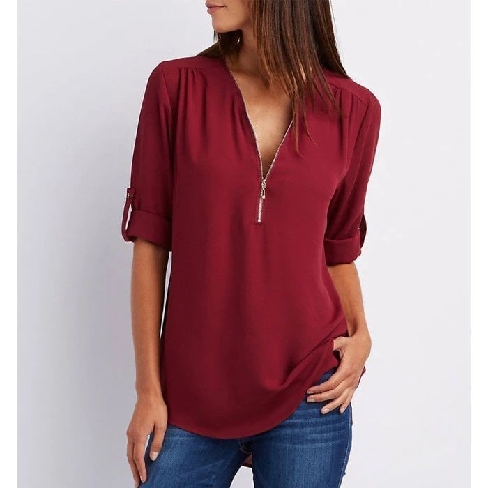 Nan | Women's Zip-Up V-Neck Half Sleeve Everyday Blouse Top