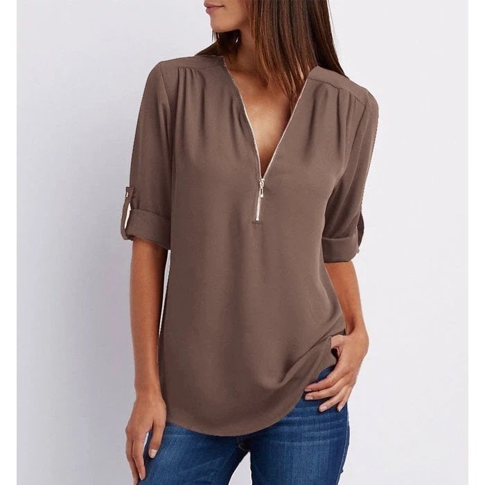 Nan | Women's Zip-Up V-Neck Half Sleeve Everyday Blouse Top