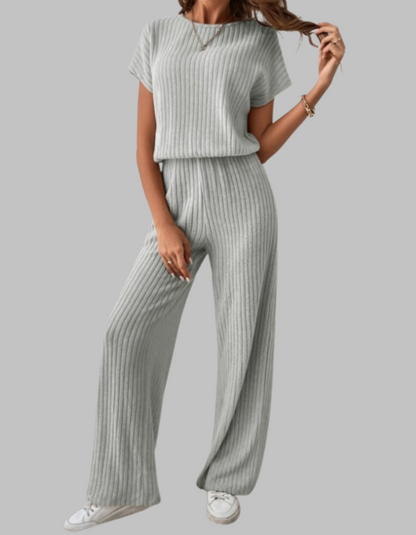 Nora | Women's Ribbed Wide Leg Pants & Short Sleeve Top Set