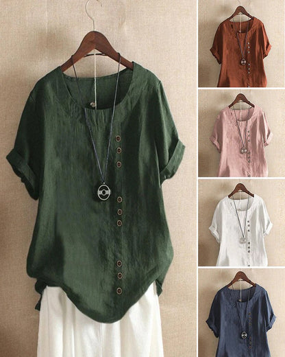 Clementine | Women's Button Front Crew Neck Short Sleeve Everyday Top