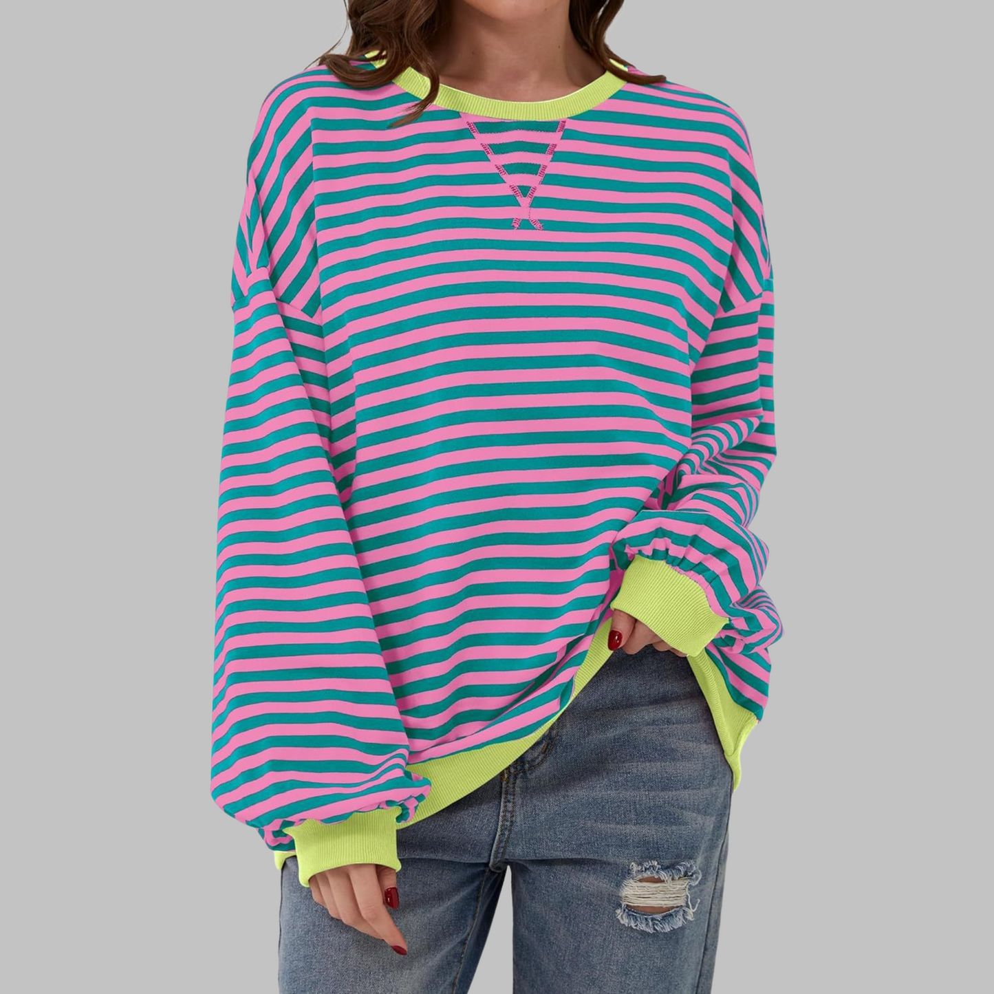 Jessica | Women's Striped Crewneck Long Sleeve Oversized Sweatshirt