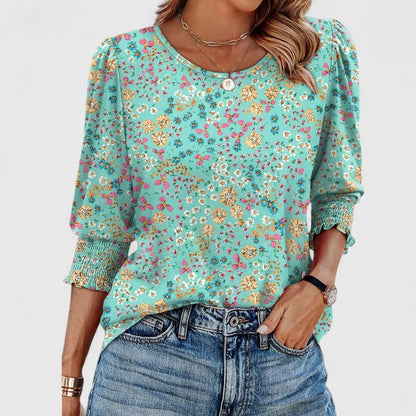 Corinna | Women's Smocked Cuff 3/4 Sleeve Crew Neck Top