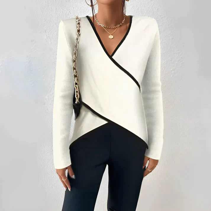 Nola | Women's V-Neck Long Sleeve Top Colour Block Wrap Blouse