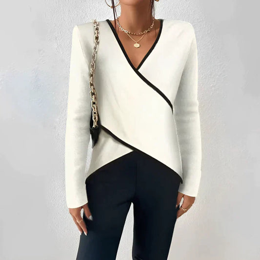 Nola | Women's V-Neck Long Sleeve Top Colour Block Wrap Blouse