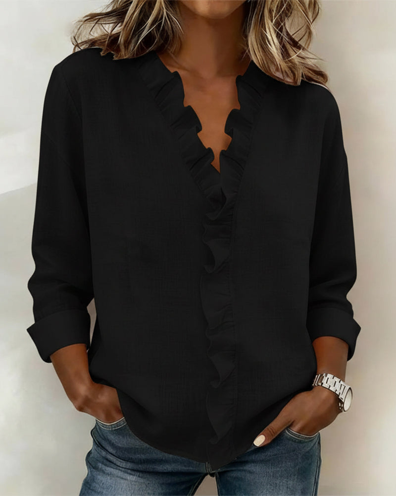 Veda | Women's Ruffle V-Neck Long Sleeve Blouse Spring Top