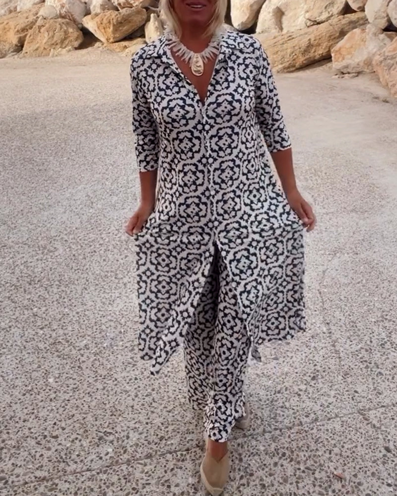 Mia | Women's Straight Pants & Longline Printed Shirt Set