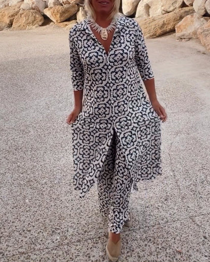 Mia | Women's Straight Pants & Longline Printed Shirt Set