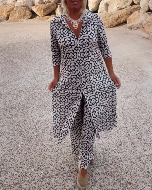 Mia | Women's Straight Pants & Longline Printed Shirt Set
