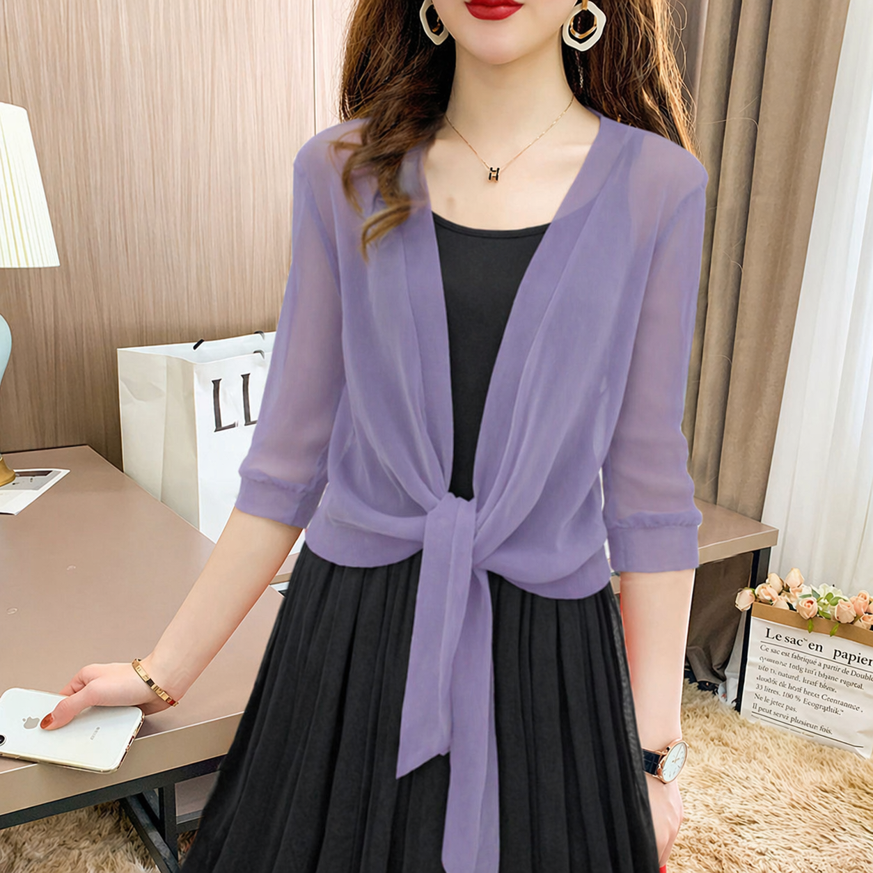 Warrah | Women's Tie Front Sheer Blouse Open Front 3/4 Sleeve Top