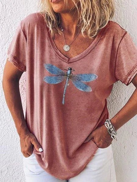Myfanwy | Women's Dragonfly Print V-Neck Short Sleeve Everyday Tee