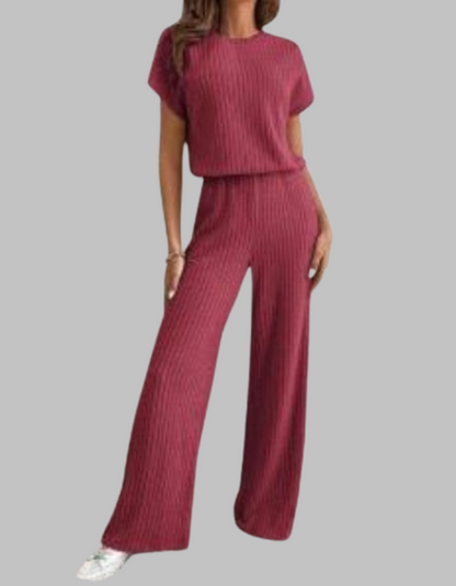 Nora | Women's Ribbed Wide Leg Pants & Short Sleeve Top Set