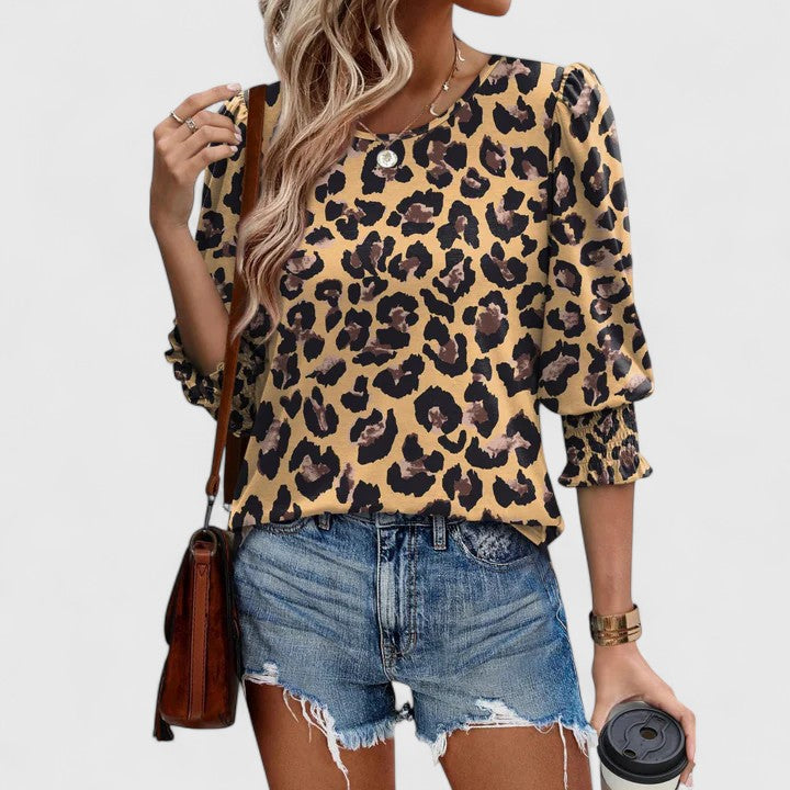 Corinna | Women's Smocked Cuff 3/4 Sleeve Crew Neck Top