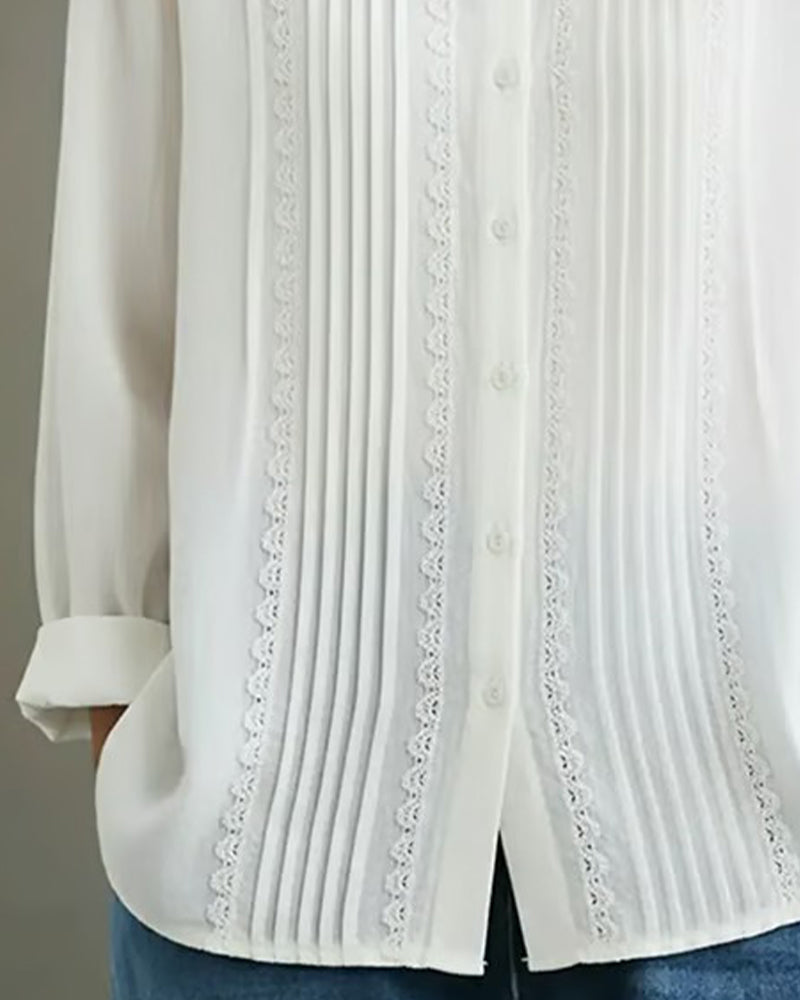 Lucy | Women's Lace Trim Button-Up Long Sleeve Blouse