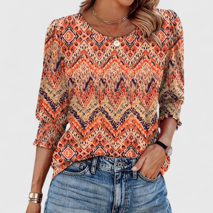 Corinna | Women's Smocked Cuff 3/4 Sleeve Crew Neck Top