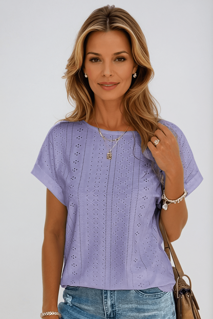 Cressida | Women's Eyelet Embroidered Crew Neck Short Sleeve Top