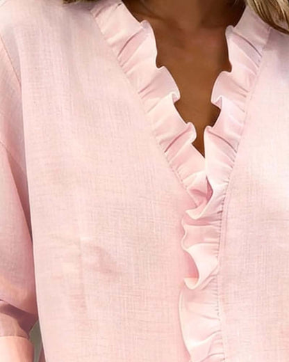 Veda | Women's Ruffle V-Neck Long Sleeve Blouse Spring Top