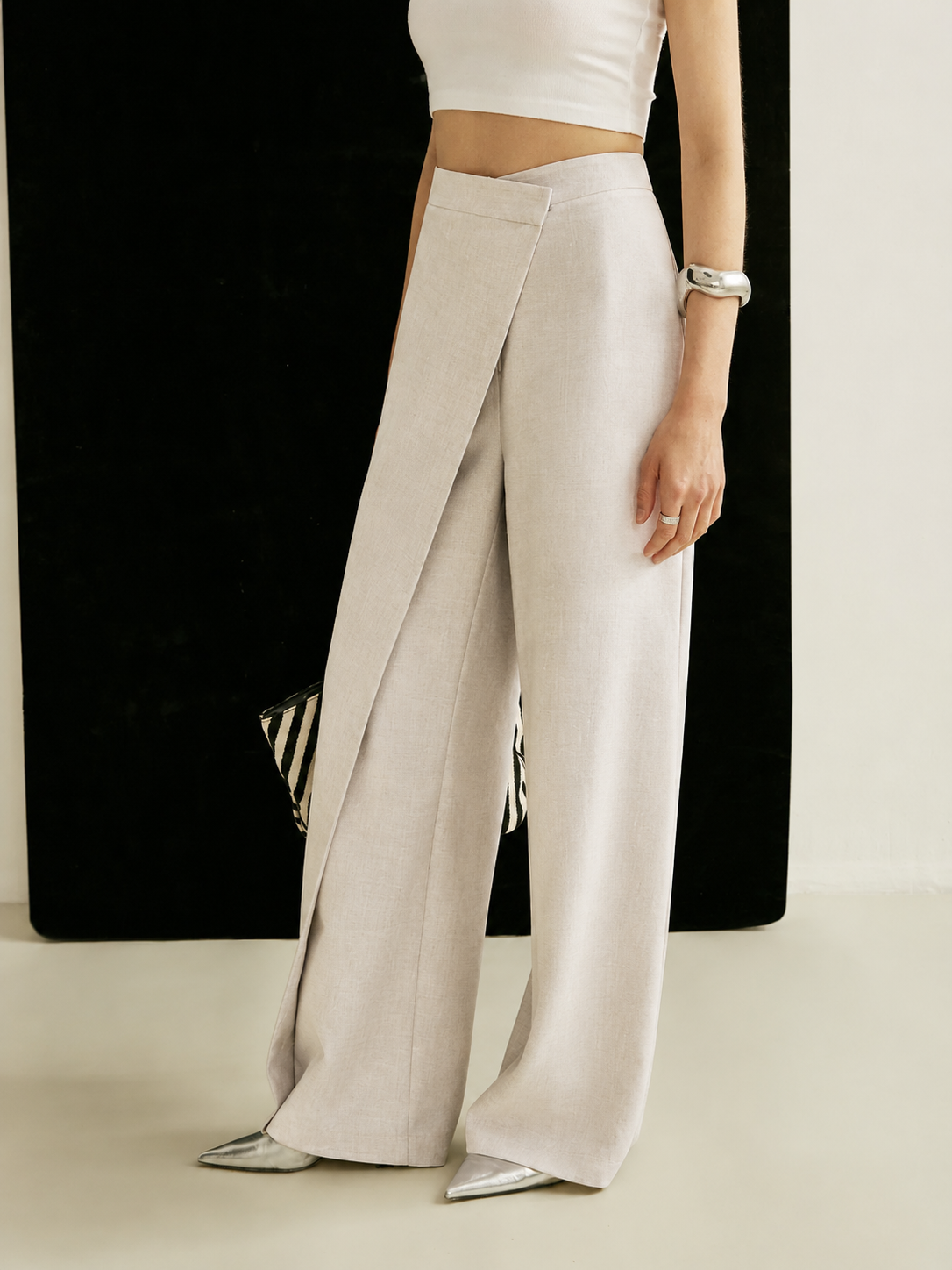 Myfanwy | Women's High Waist Wide Leg Trousers Asymmetric Wrap Pants