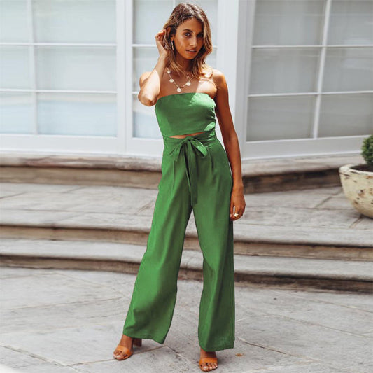 Carlotta | Women's Strapless Tie Waist Wide Leg Jumpsuit