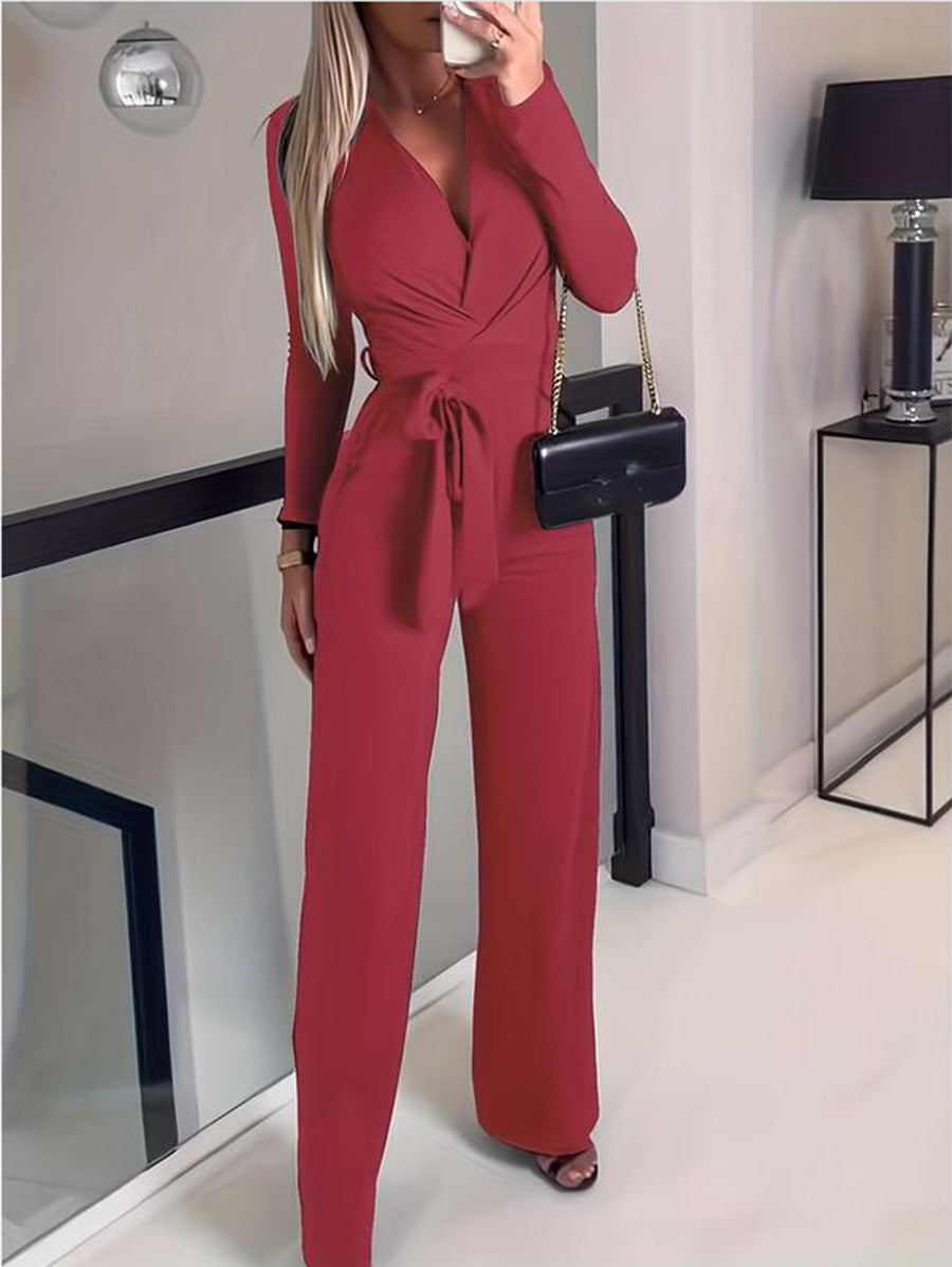 Alannah | Women's Wide Leg Jumpsuit V-Neck Tie Waist