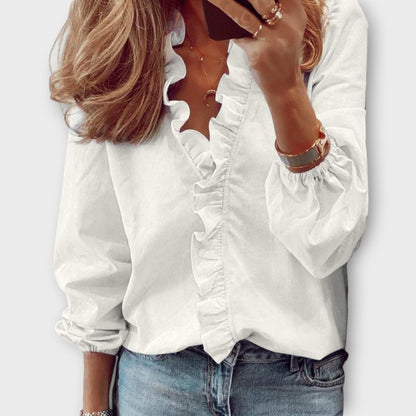 Ceinwen | Women's Ruffle Front V-Neck Long Sleeve Blouse