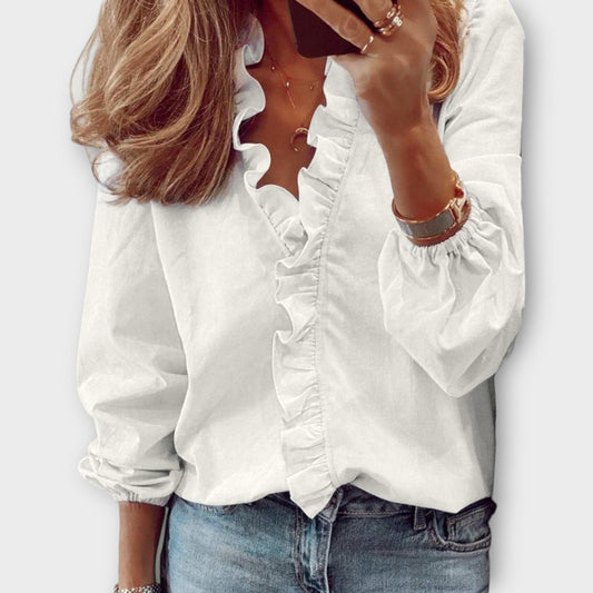 Ceinwen | Women's Ruffle Front V-Neck Long Sleeve Blouse