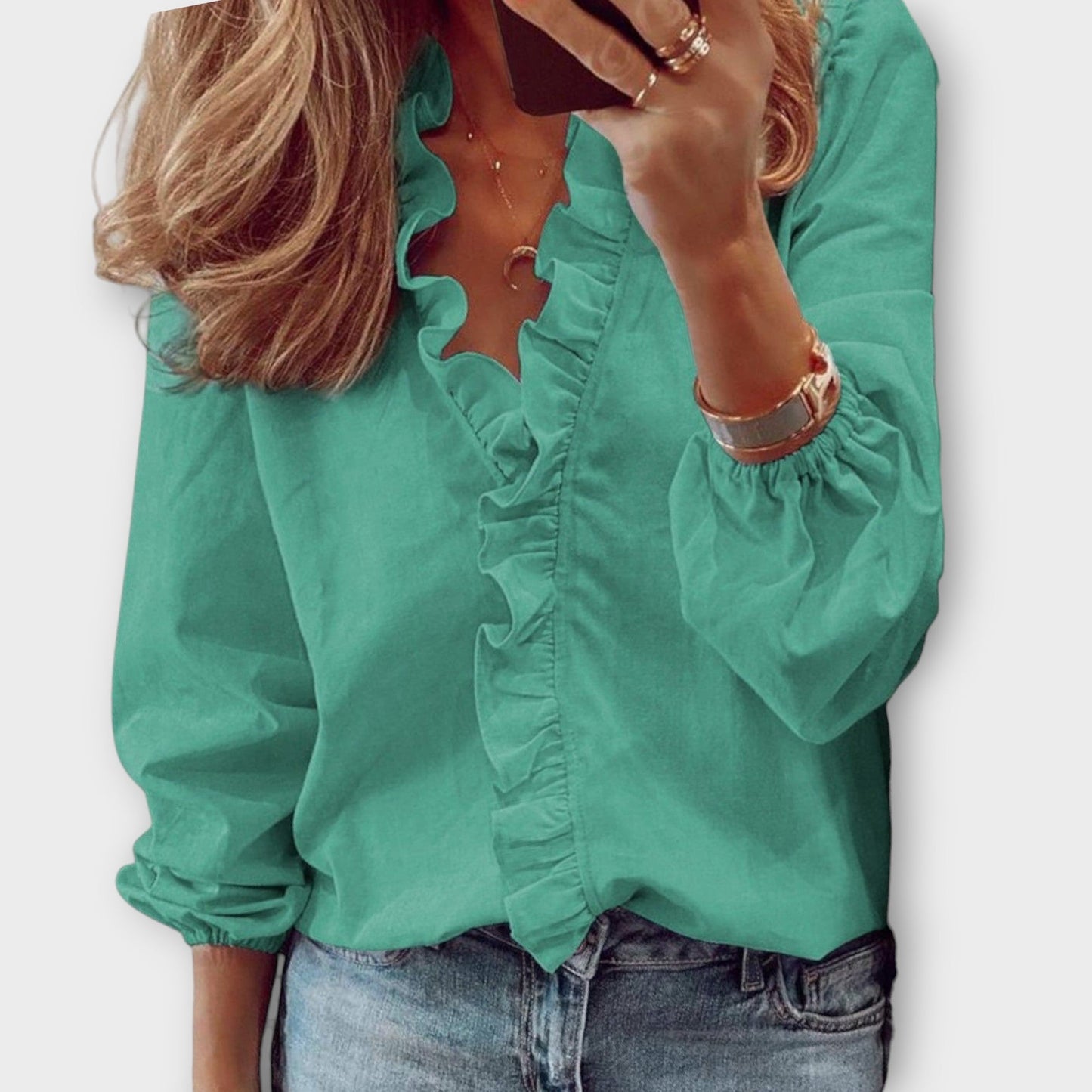 Ceinwen | Women's Ruffle Front V-Neck Long Sleeve Blouse