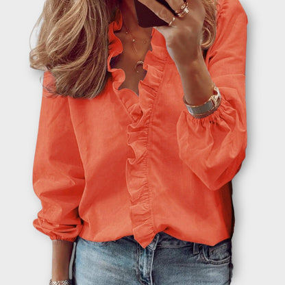 Ceinwen | Women's Ruffle Front V-Neck Long Sleeve Blouse