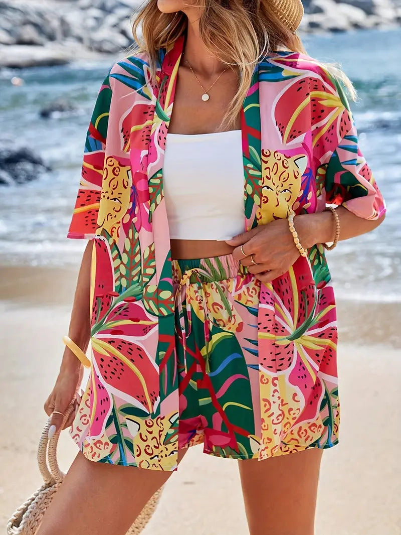 Clea | Women's Two Piece Set Floral Kimono Cardigan & Shorts