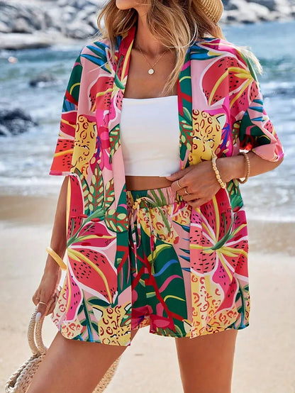 Clea | Women's Two Piece Set Floral Kimono Cardigan & Shorts
