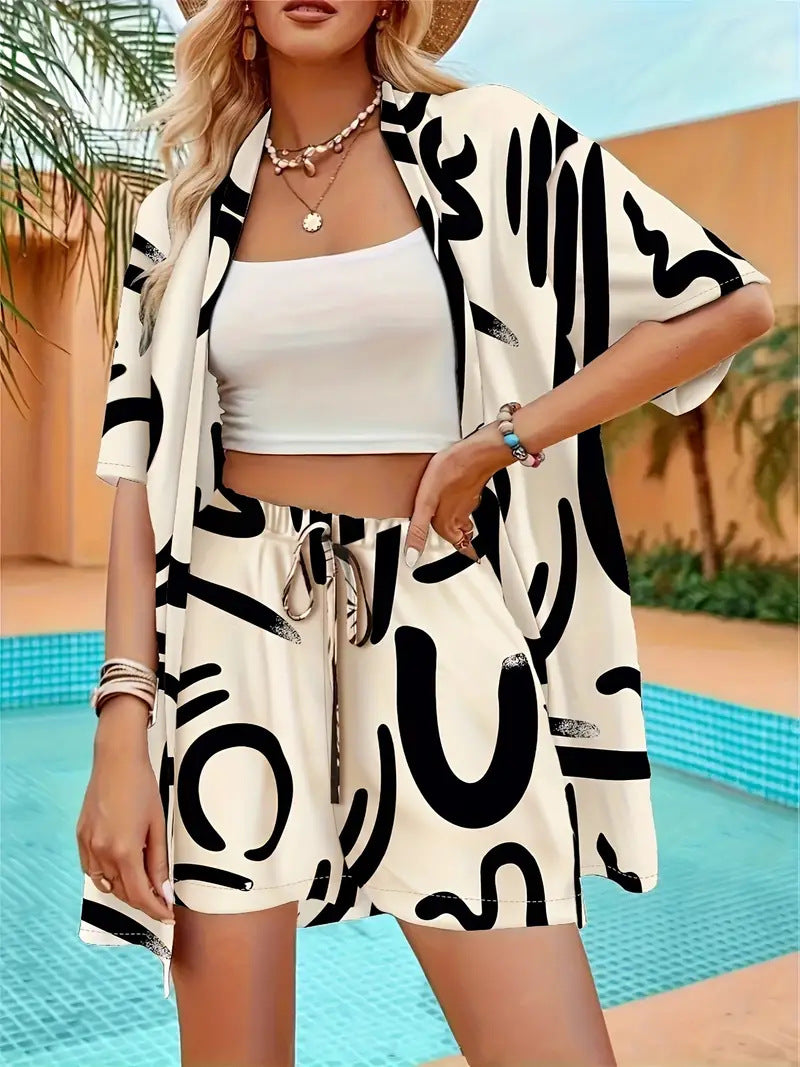 Clea | Women's Two Piece Set Floral Kimono Cardigan & Shorts