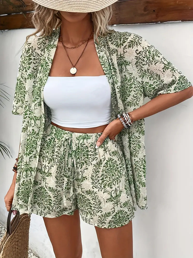 Clea | Women's Two Piece Set Floral Kimono Cardigan & Shorts