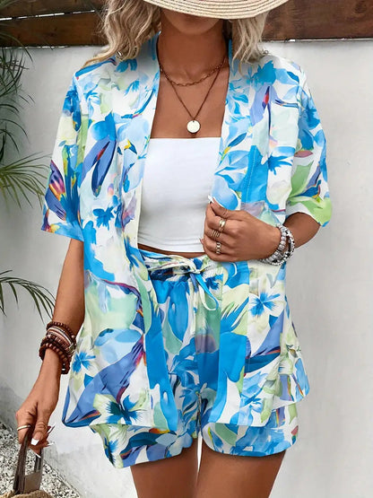 Clea | Women's Two Piece Set Floral Kimono Cardigan & Shorts