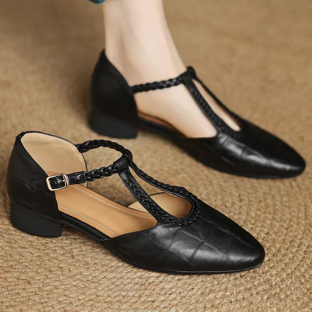 Miranda | Women's Leather T-Strap Mary Jane Flats Pointed Toe Flat