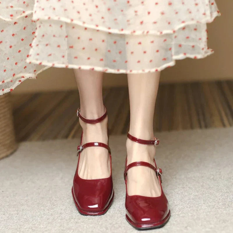 Ceinwen | Women's Ankle Strap Block Heel Pumps Square Toe Mary Jane
