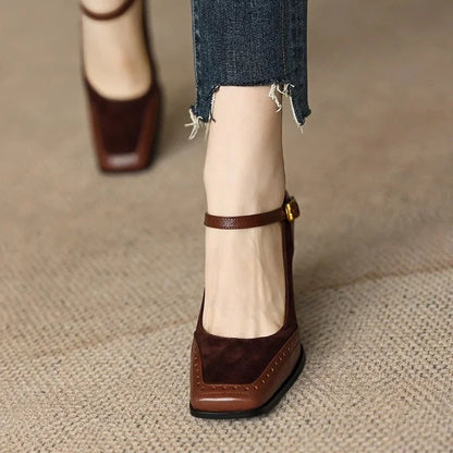 Jorja | Women's Square Toe Block Heel Pumps Ankle Strap Brogue