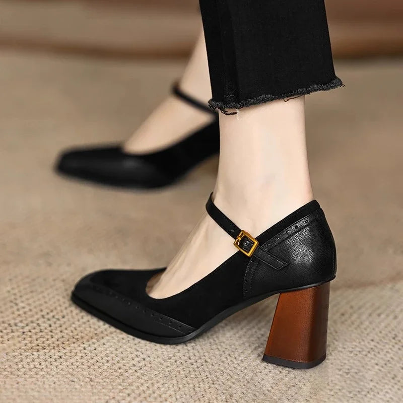 Jorja | Women's Square Toe Block Heel Pumps Ankle Strap Brogue