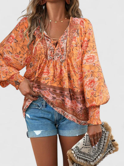 Stefanie | Women's Floral Boho Blouse V-Neck Puff Sleeve Top