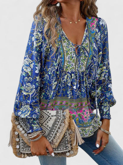 Stefanie | Women's Floral Boho Blouse V-Neck Puff Sleeve Top