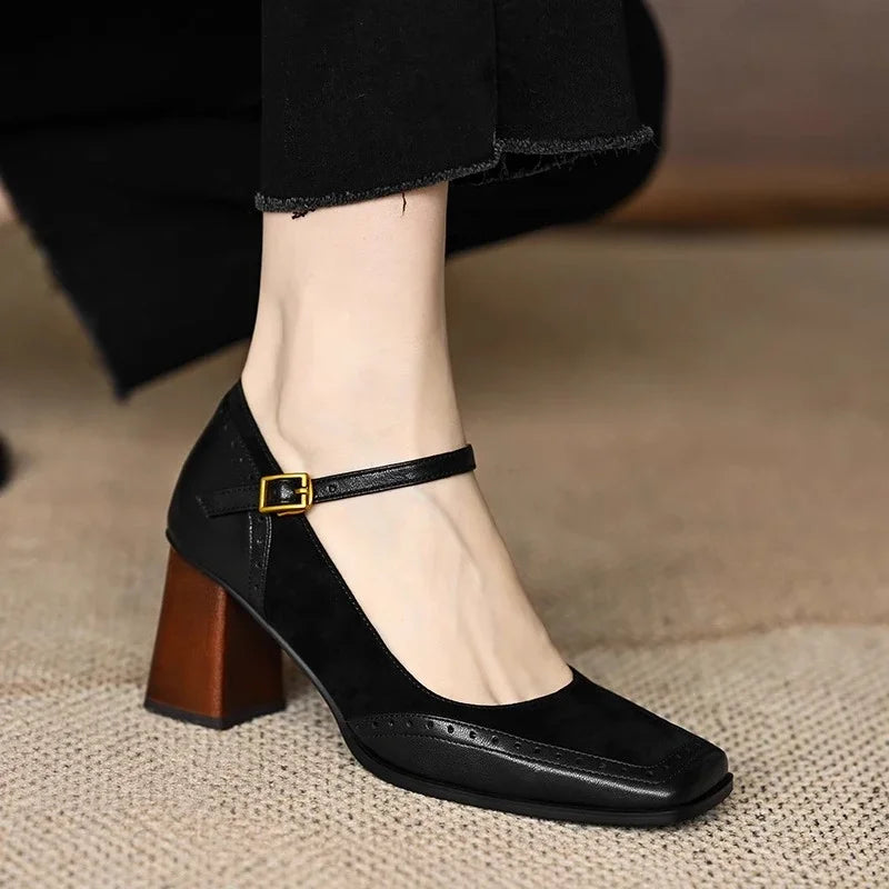 Jorja | Women's Square Toe Block Heel Pumps Ankle Strap Brogue